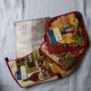 4 Piece Wine-Themed Kitchen Set with Burgundy and Green Accents. NWT